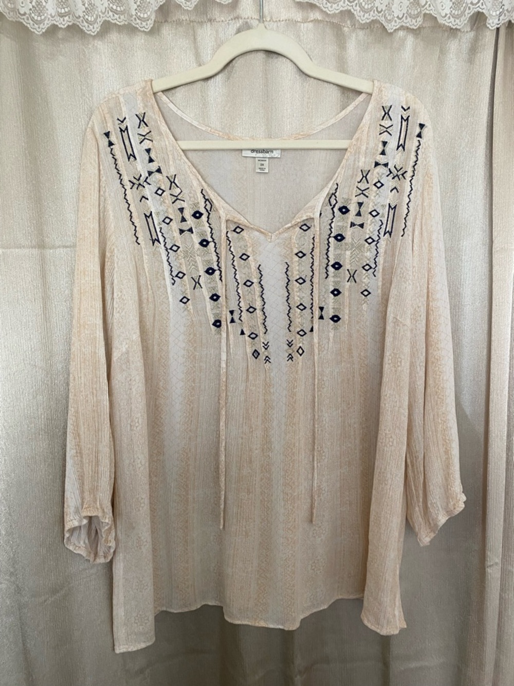 Dressbarn Boho Embroidered Blouse 2X Cream Flowy Peasant Top Plus Size
